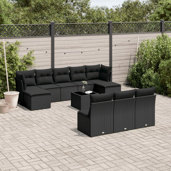 11-tlg. Garten-Sofagarnitur mit Kissen Schwarz Poly Rattan