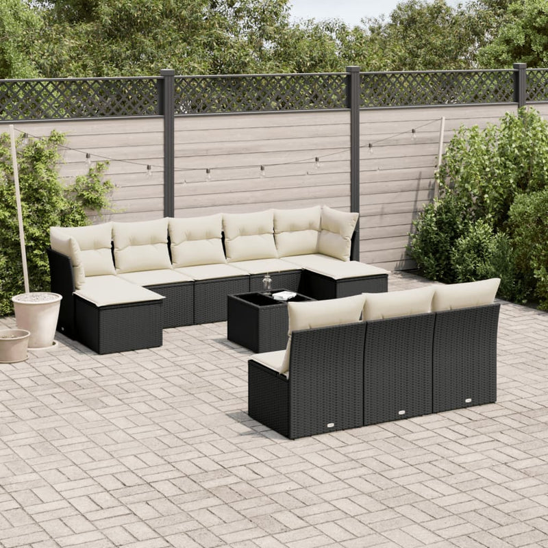 11-tlg. Garten-Sofagarnitur mit Kissen Schwarz Poly Rattan