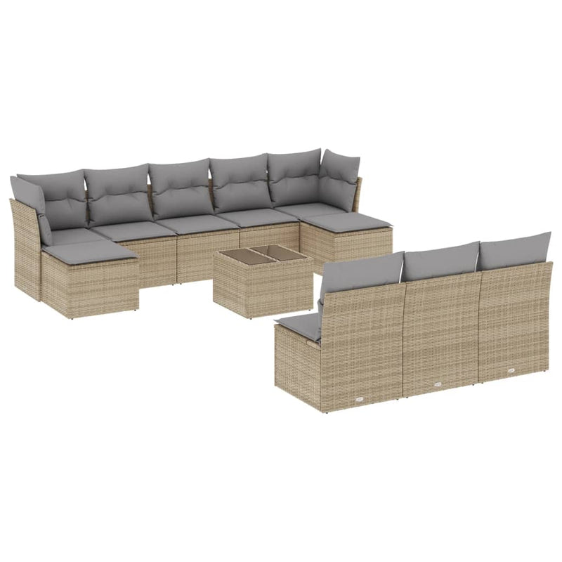 11-tlg. Garten-Sofagarnitur mit Kissen Beige Poly Rattan