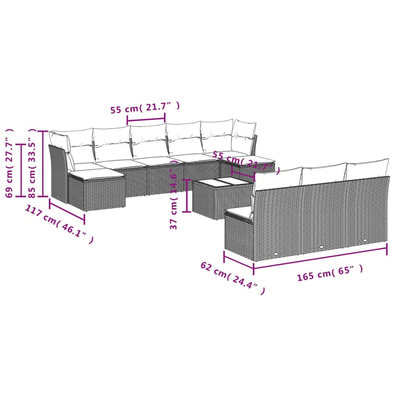 11-tlg. Garten-Sofagarnitur mit Kissen Hellgrau Poly Rattan