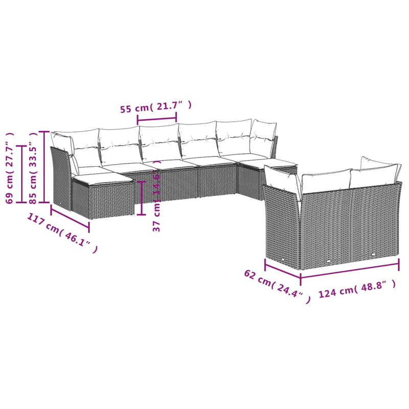 9-tlg. Garten-Sofagarnitur mit Kissen Schwarz Poly Rattan