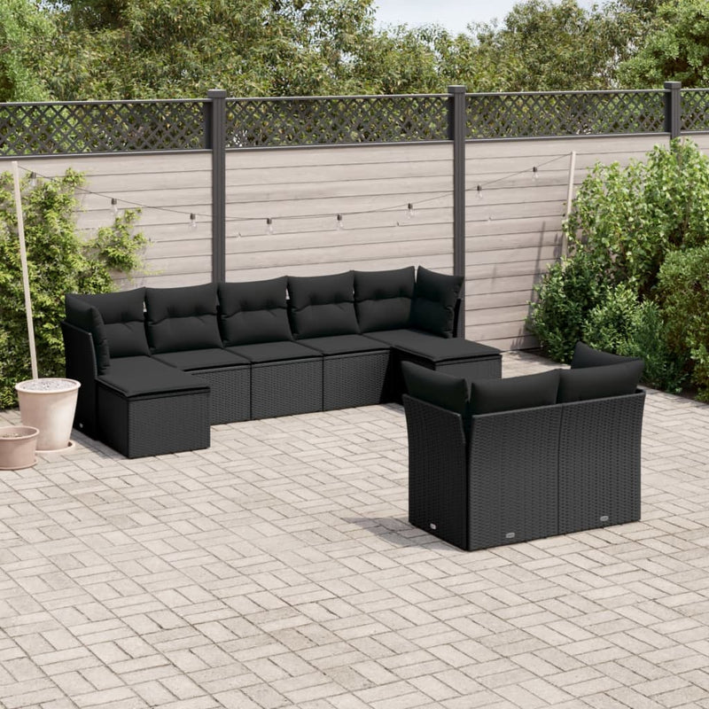 9-tlg. Garten-Sofagarnitur mit Kissen Schwarz Poly Rattan