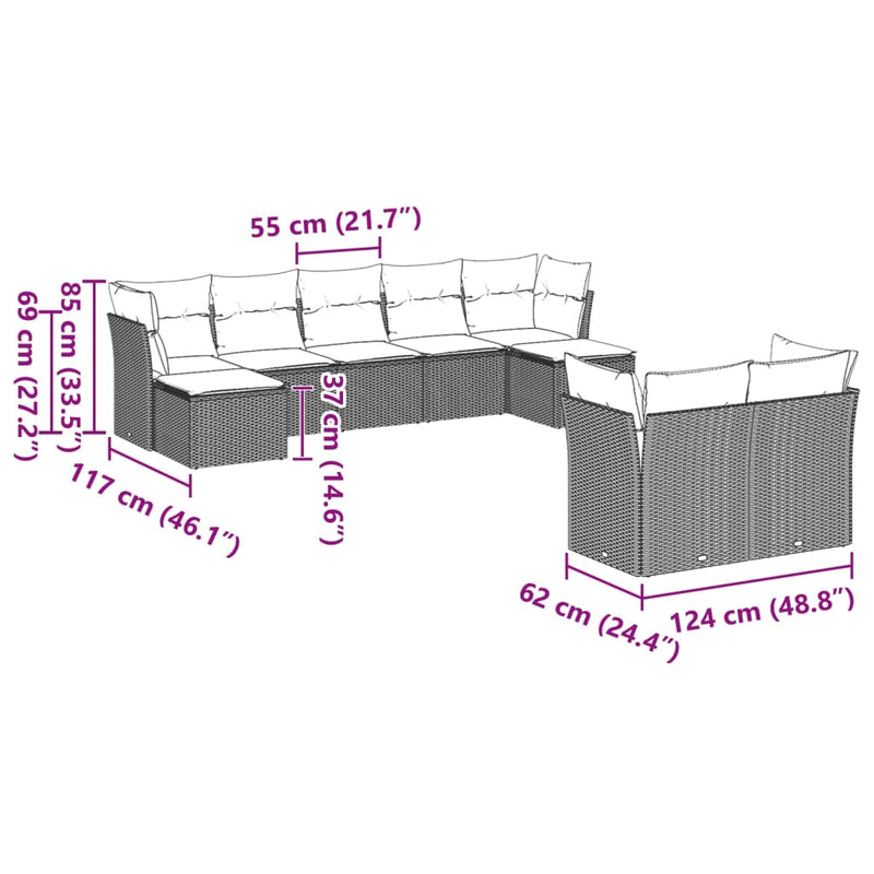 9-tlg. Garten-Sofagarnitur mit Kissen Hellgrau Poly Rattan