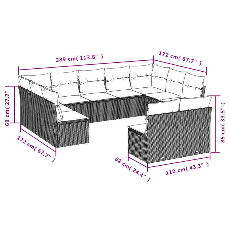 11-tlg. Garten-Sofagarnitur mit Kissen Braun Poly Rattan