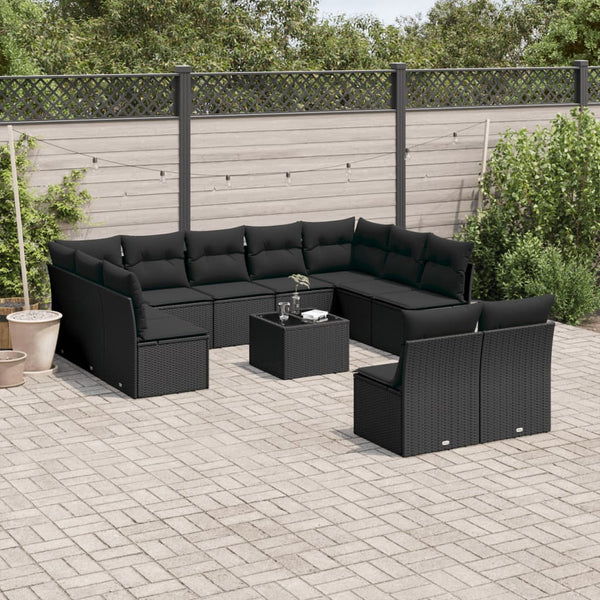 12-tlg. Garten-Sofagarnitur mit Kissen Schwarz Poly Rattan