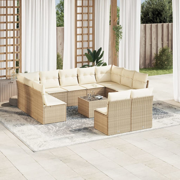 12-tlg. Garten-Sofagarnitur mit Kissen Beige Poly Rattan