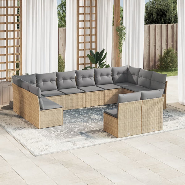 12-tlg. Garten-Sofagarnitur mit Kissen Beige Poly Rattan