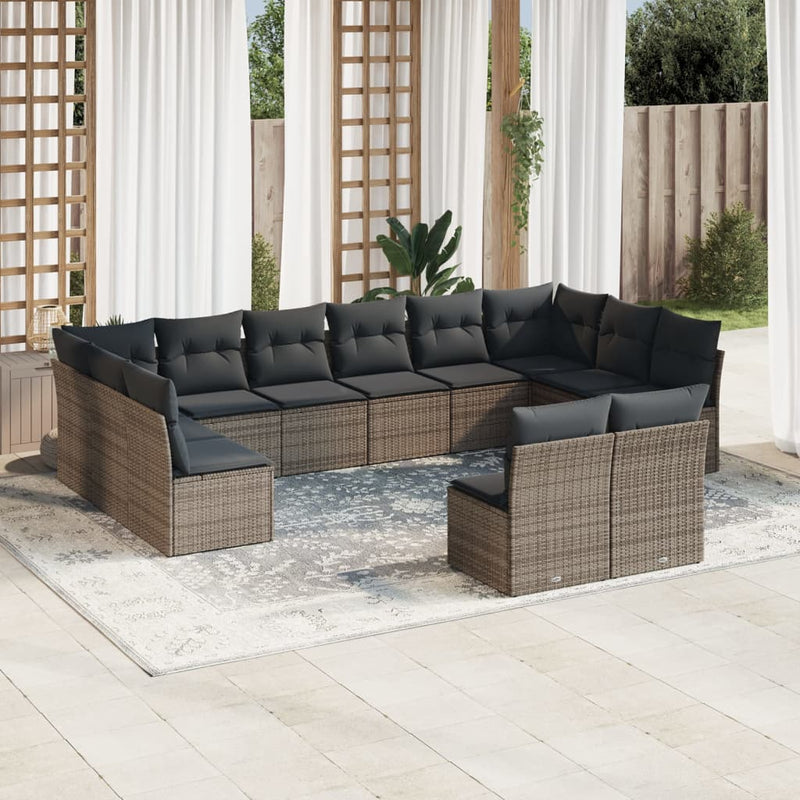 12-tlg. Garten-Sofagarnitur mit Kissen Grau Poly Rattan