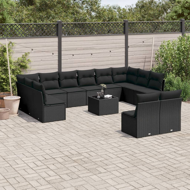 13-tlg. Garten-Sofagarnitur mit Kissen Schwarz Poly Rattan