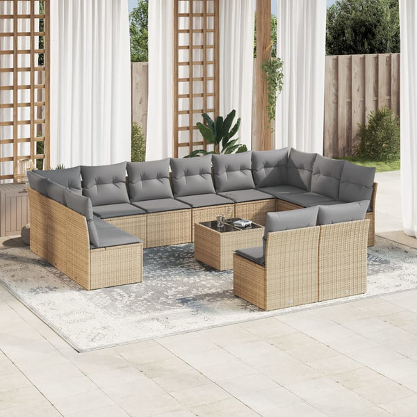 13-tlg. Garten-Sofagarnitur mit Kissen Beige Poly Rattan