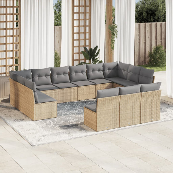 13-tlg. Garten-Sofagarnitur mit Kissen Beige Poly Rattan