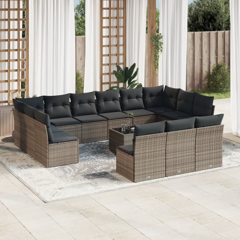 14-tlg. Garten-Sofagarnitur mit Kissen Grau Poly Rattan