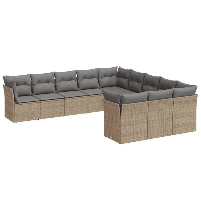 11-tlg. Garten-Sofagarnitur mit Kissen Beige Poly Rattan