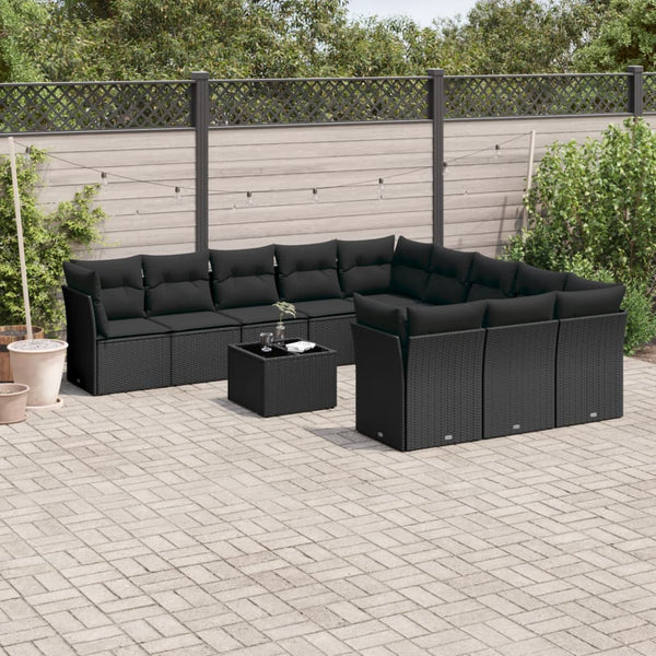 12-tlg. Garten-Sofagarnitur mit Kissen Schwarz Poly Rattan