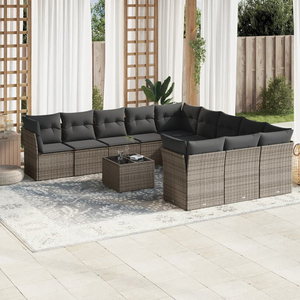 12-tlg. Garten-Sofagarnitur mit Kissen Grau Poly Rattan