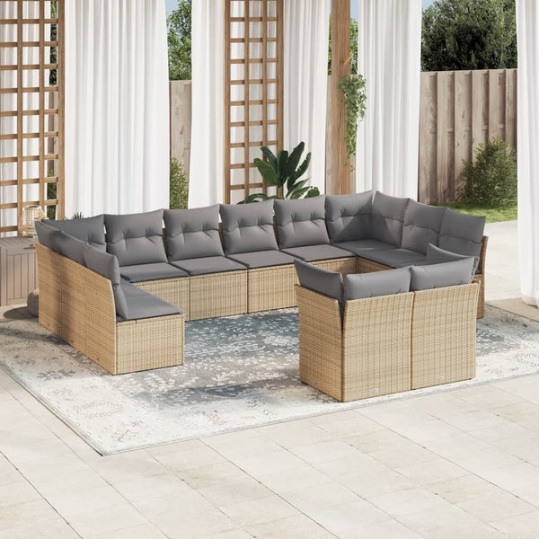 12-tlg. Garten-Sofagarnitur mit Kissen Beige Poly Rattan