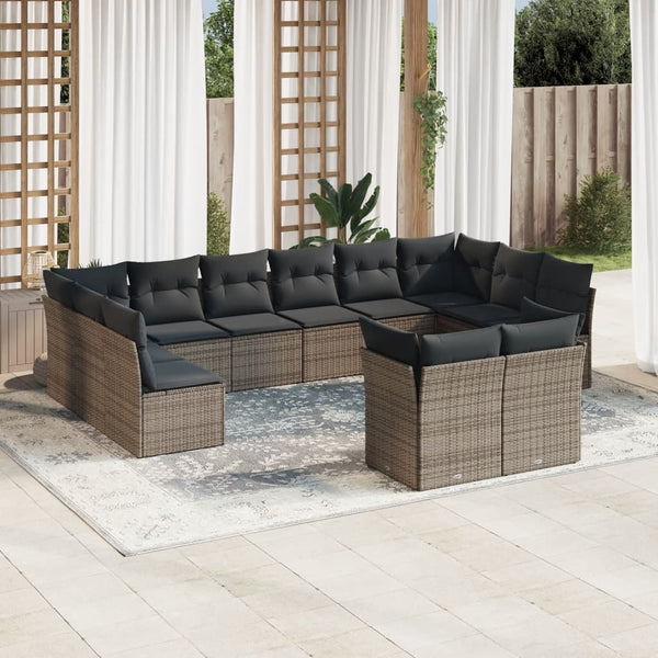 12-tlg. Garten-Sofagarnitur mit Kissen Grau Poly Rattan