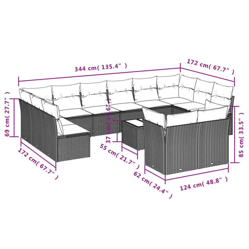 13-tlg. Garten-Sofagarnitur mit Kissen Beige Poly Rattan