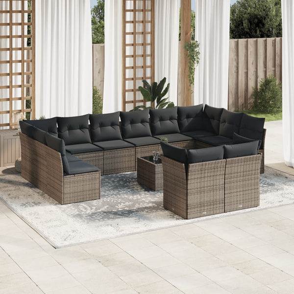 13-tlg. Garten-Sofagarnitur mit Kissen Grau Poly Rattan