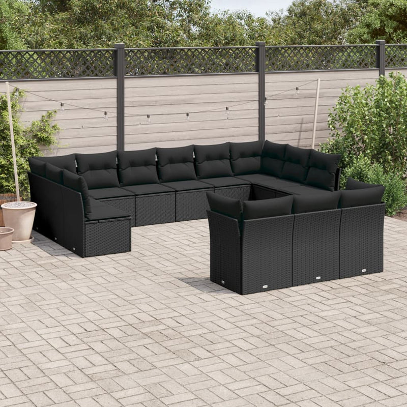 13-tlg. Garten-Sofagarnitur mit Kissen Schwarz Poly Rattan