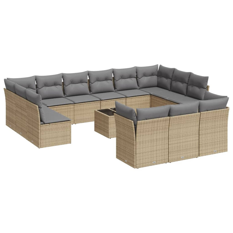 14-tlg. Garten-Sofagarnitur mit Kissen Beige Poly Rattan