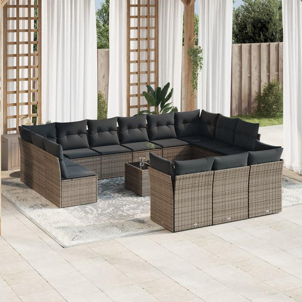 14-tlg. Garten-Sofagarnitur mit Kissen Grau Poly Rattan