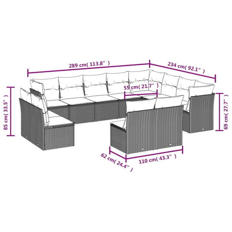 12-tlg. Garten-Sofagarnitur mit Kissen Schwarz Poly Rattan