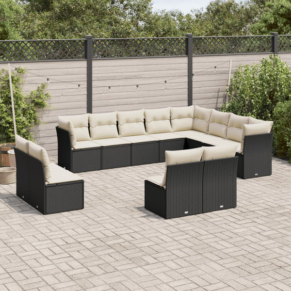 12-tlg. Garten-Sofagarnitur mit Kissen Schwarz Poly Rattan