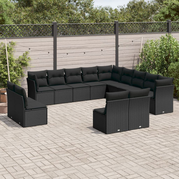 13-tlg. Garten-Sofagarnitur mit Kissen Schwarz Poly Rattan