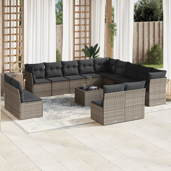 14-tlg. Garten-Sofagarnitur mit Kissen Grau Poly Rattan