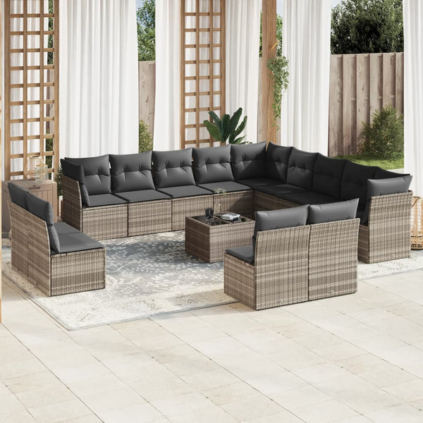 14-tlg. Garten-Sofagarnitur mit Kissen Hellgrau Poly Rattan