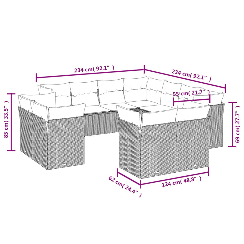 11-tlg. Garten-Sofagarnitur mit Kissen Grau Poly Rattan