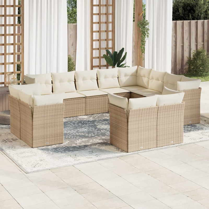 12-tlg. Garten-Sofagarnitur mit Kissen Beige Poly Rattan