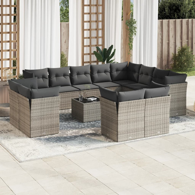 13-tlg. Garten-Sofagarnitur mit Kissen Grau Poly Rattan