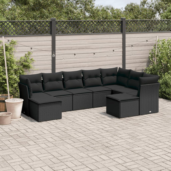 9-tlg. Garten-Sofagarnitur mit Kissen Schwarz Poly Rattan