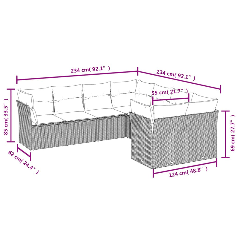 8-tlg. Garten-Sofagarnitur mit Kissen Hellgrau Poly Rattan