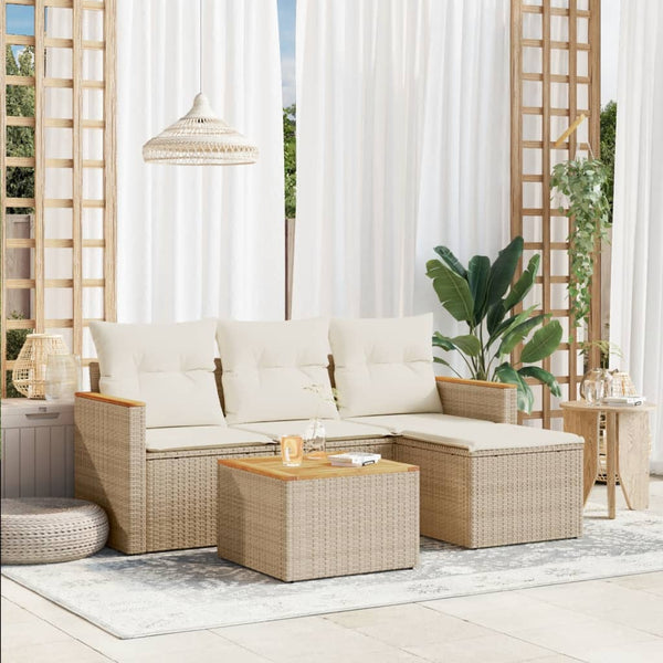 5-tlg. Garten-Sofagarnitur mit Kissen Beige Poly Rattan