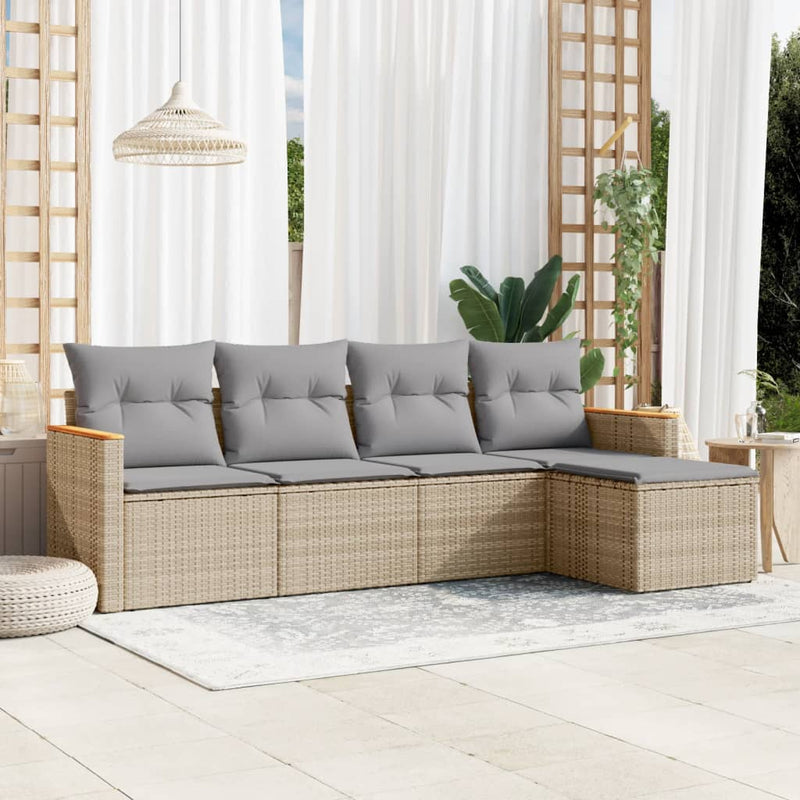 5-tlg. Garten-Sofagarnitur mit Kissen Beige Poly Rattan