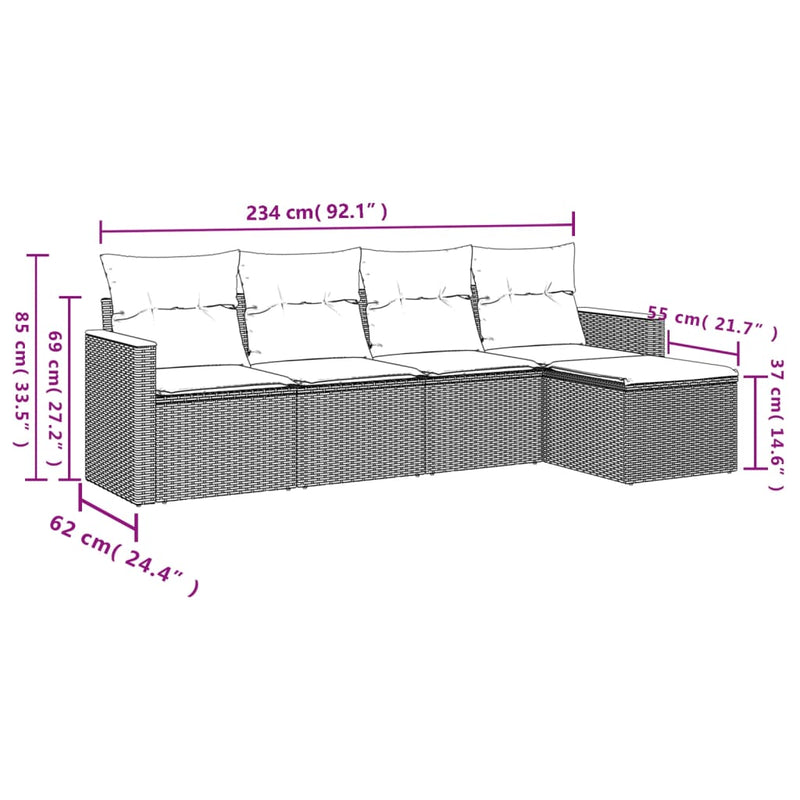 5-tlg. Garten-Sofagarnitur mit Kissen Grau Poly Rattan