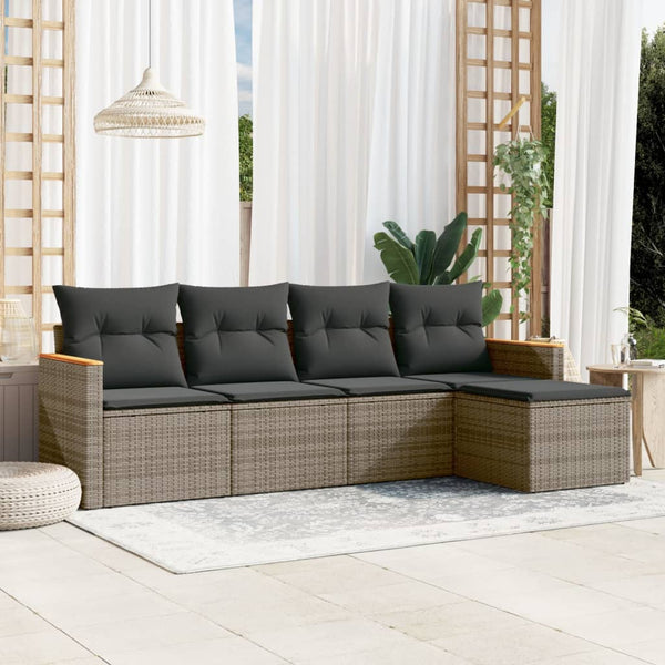 5-tlg. Garten-Sofagarnitur mit Kissen Grau Poly Rattan