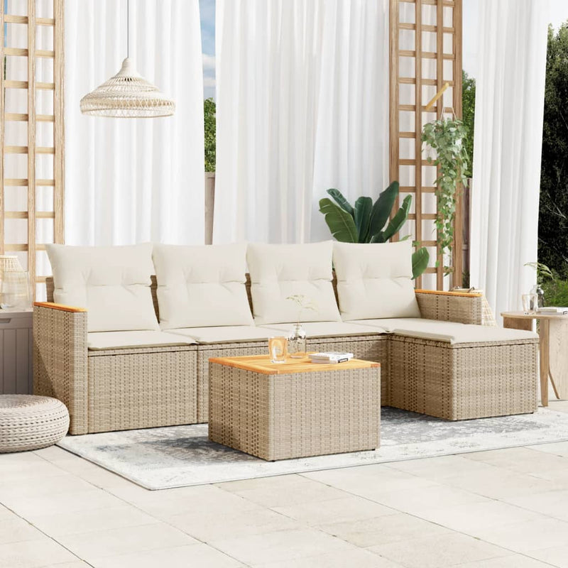 6-tlg. Garten-Sofagarnitur mit Kissen Beige Poly Rattan