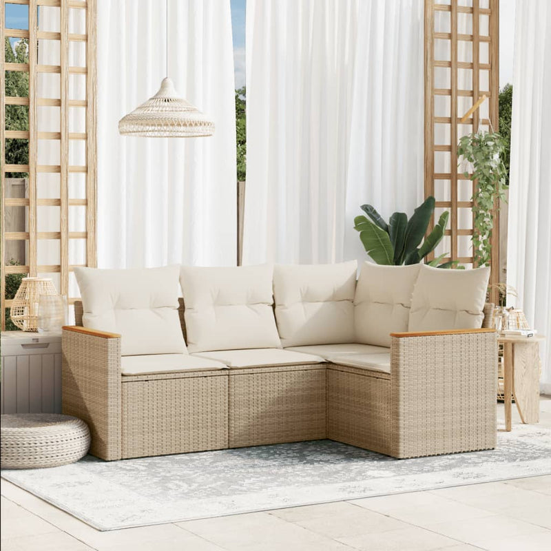 4-tlg. Garten-Sofagarnitur mit Kissen Beige Poly Rattan