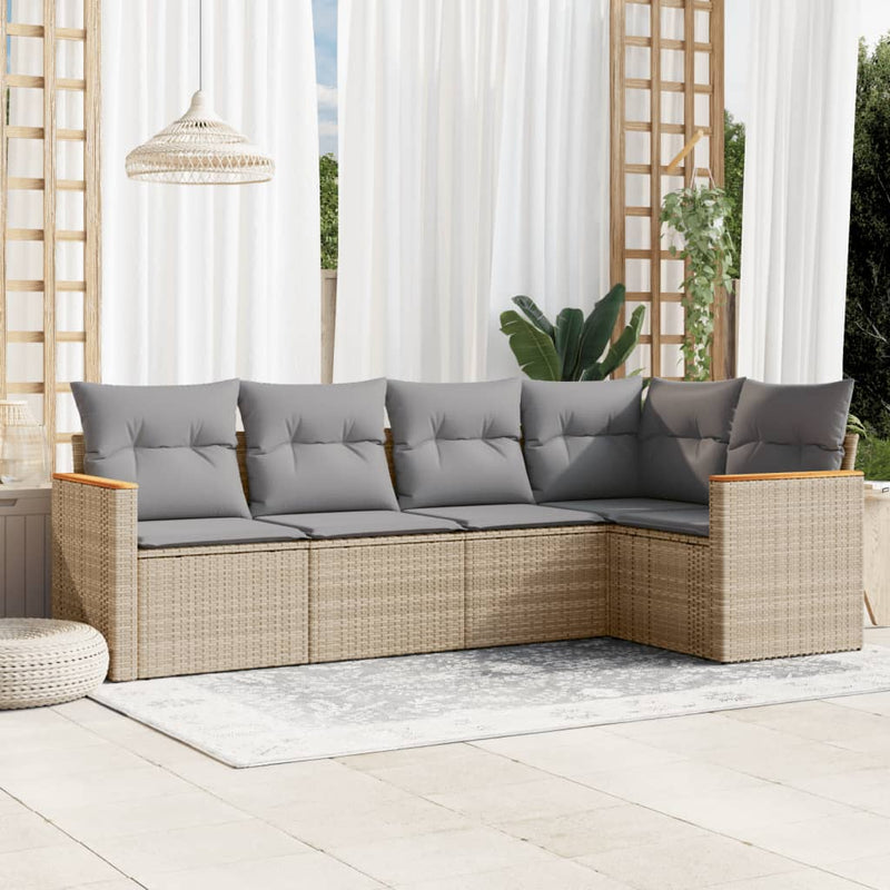 5-tlg. Garten-Sofagarnitur mit Kissen Beige Poly Rattan