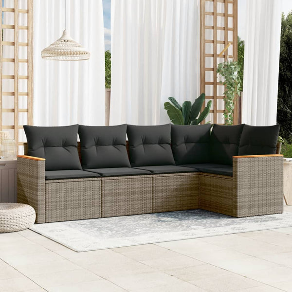 5-tlg. Garten-Sofagarnitur mit Kissen Grau Poly Rattan