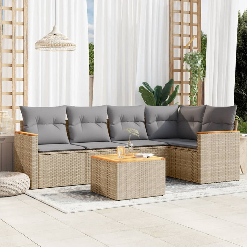 6-tlg. Garten-Sofagarnitur mit Kissen Beige Poly Rattan