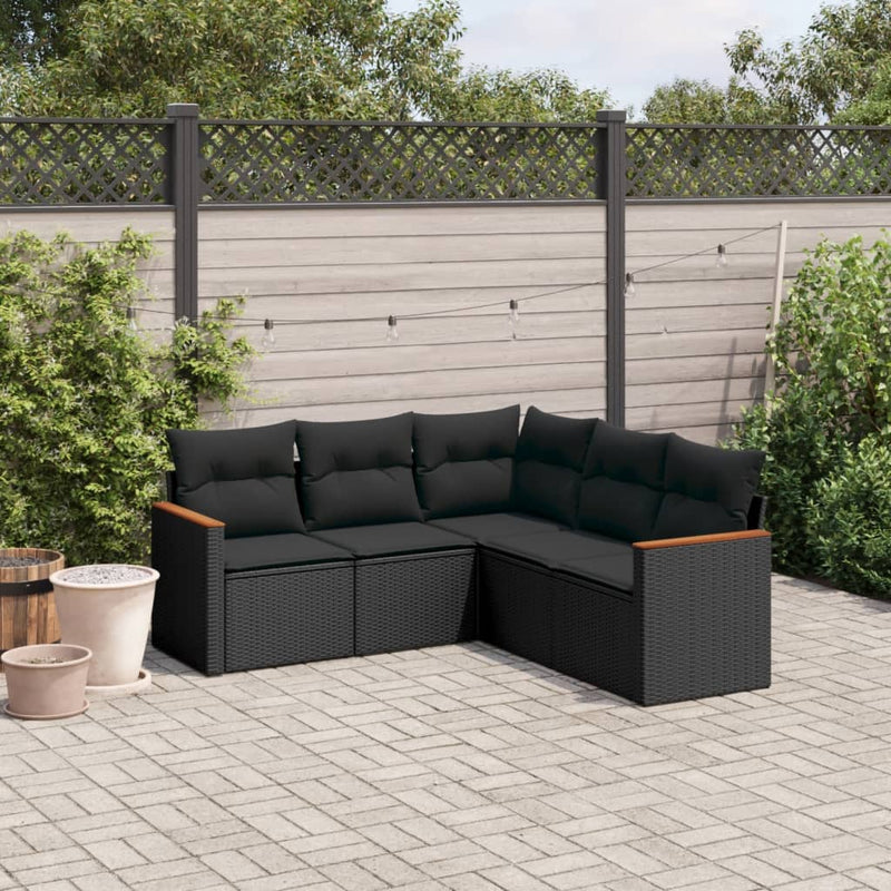 5-tlg. Garten-Sofagarnitur mit Kissen Schwarz Poly Rattan