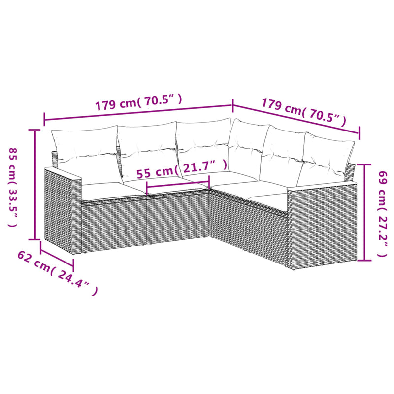 5-tlg. Garten-Sofagarnitur mit Kissen Grau Poly Rattan