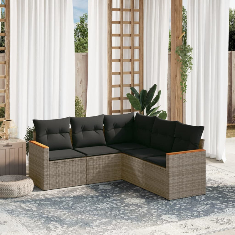 5-tlg. Garten-Sofagarnitur mit Kissen Grau Poly Rattan