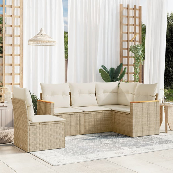 5-tlg. Garten-Sofagarnitur mit Kissen Beige Poly Rattan