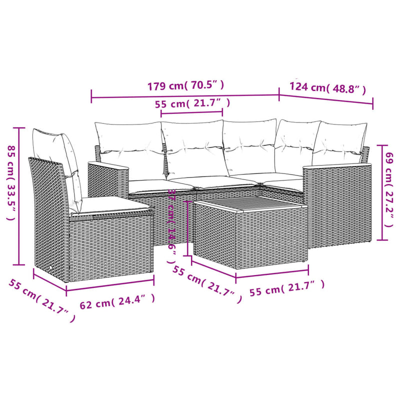 6-tlg. Garten-Sofagarnitur mit Kissen Grau Poly Rattan